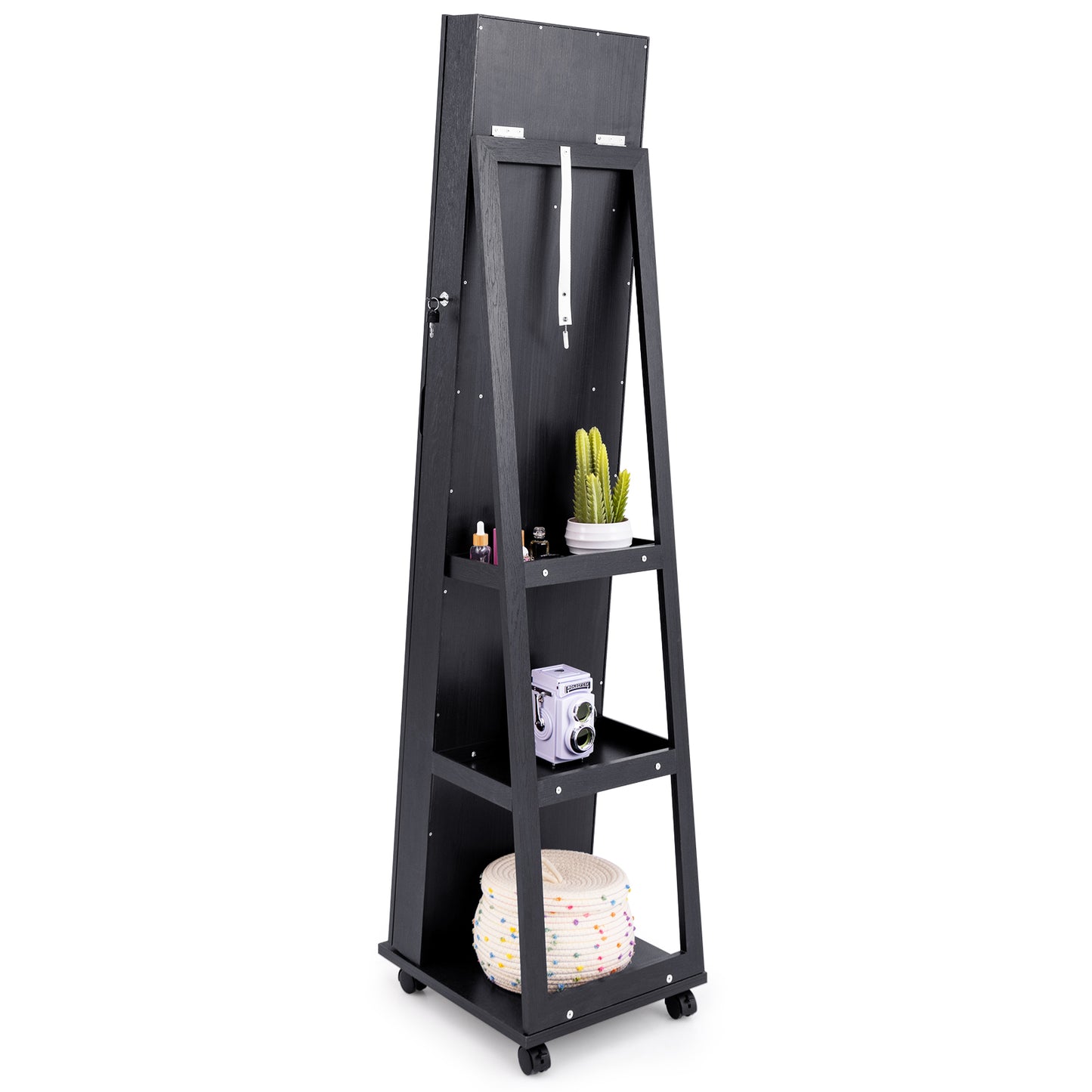 64 Inches Lockable Jewelry Cabinet Armoire with Built-in Makeup Mirror-Black Kids Crystal