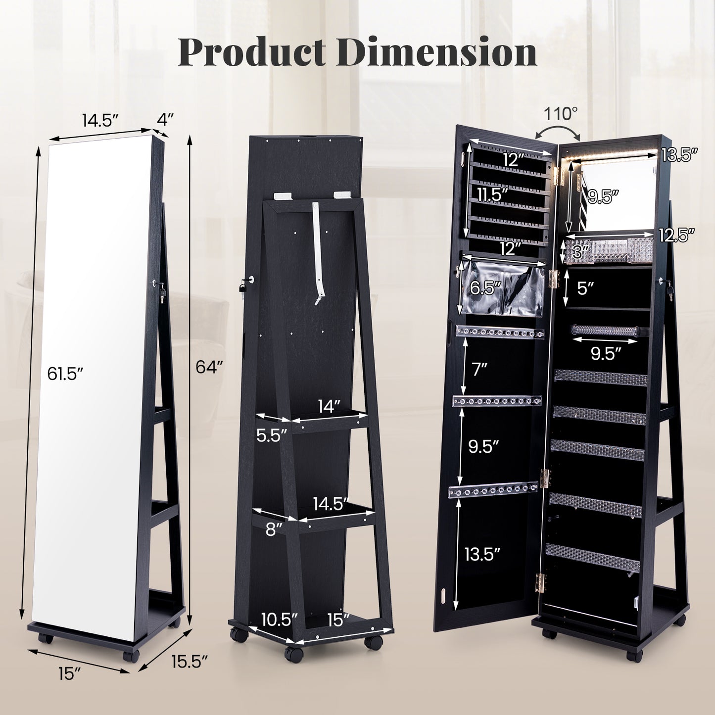 64 Inches Lockable Jewelry Cabinet Armoire with Built-in Makeup Mirror-Black Kids Crystal