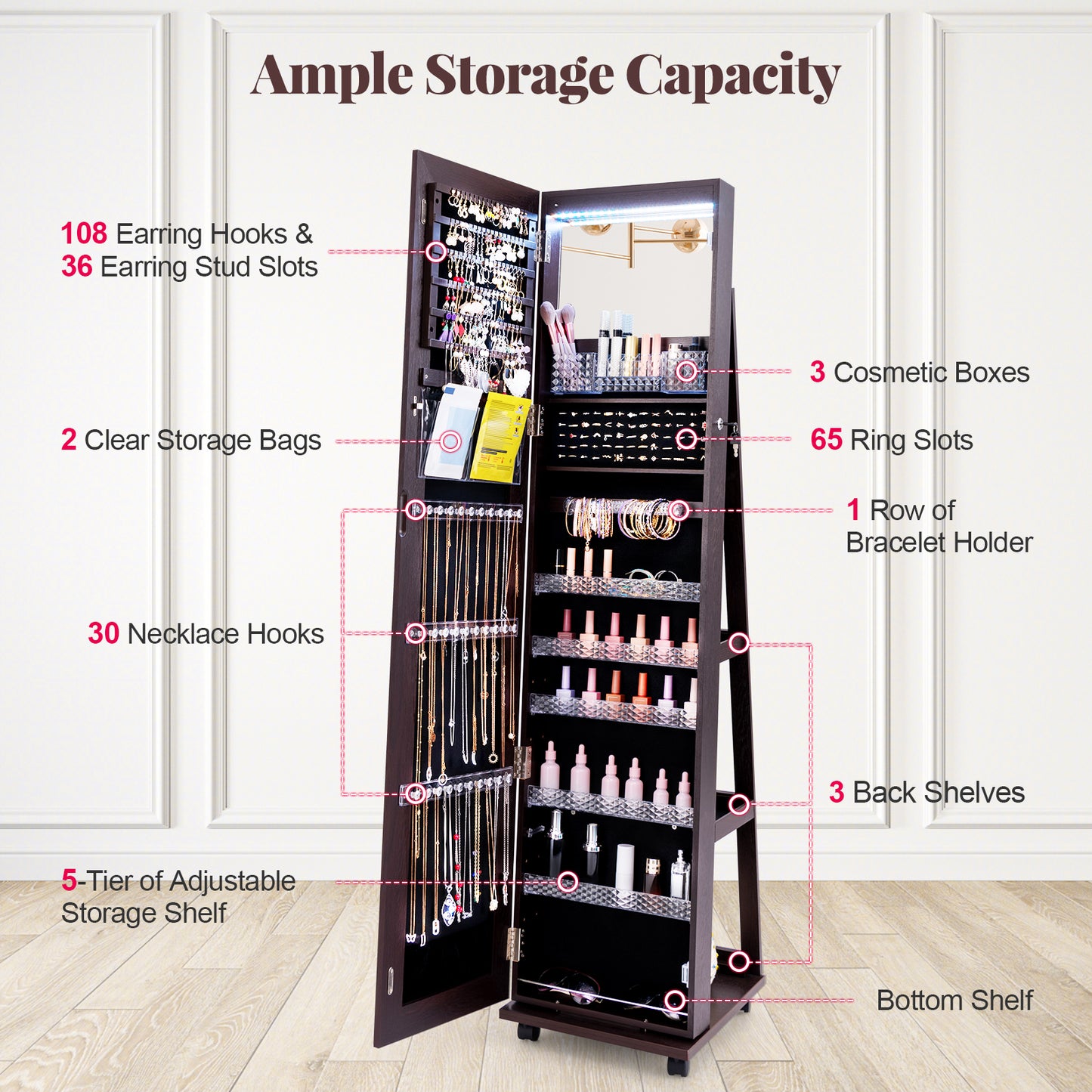 64 Inches Lockable Jewelry Cabinet Armoire with Built-in Makeup Mirror-Purple Kids Crystal
