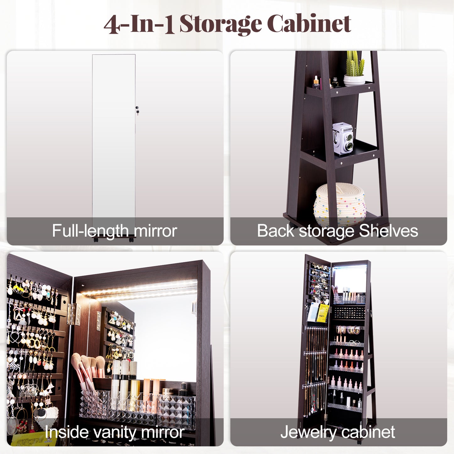 64 Inches Lockable Jewelry Cabinet Armoire with Built-in Makeup Mirror-Purple Kids Crystal