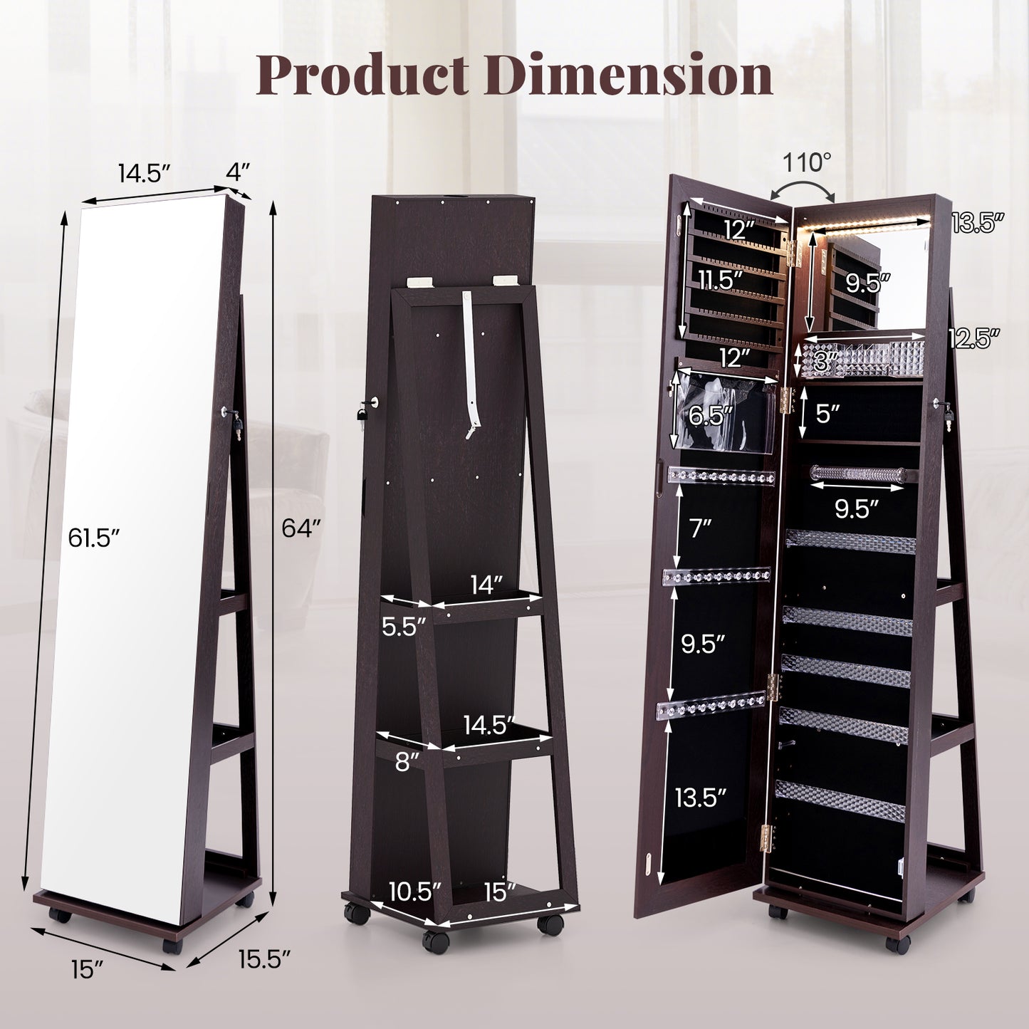 64 Inches Lockable Jewelry Cabinet Armoire with Built-in Makeup Mirror-Purple Kids Crystal