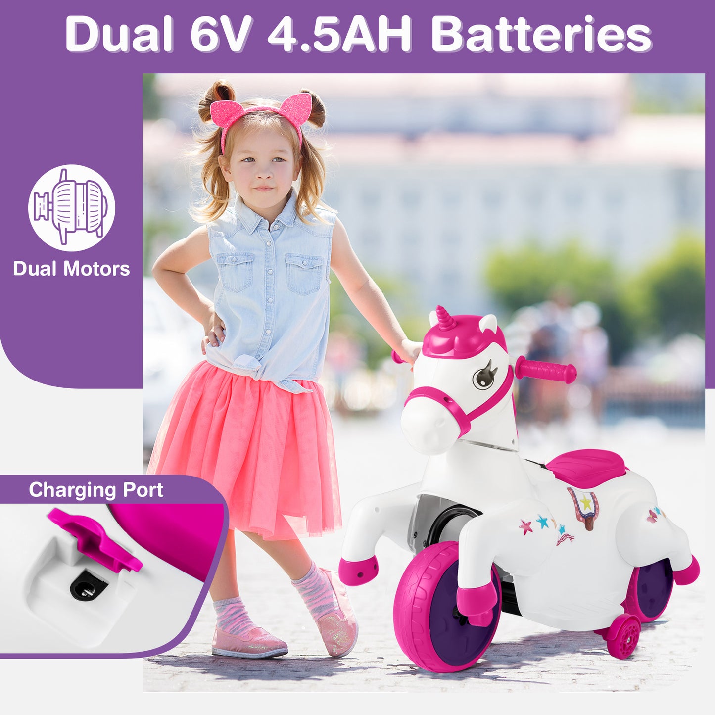 12V Unicorn Ride on Toy with Training Wheels and Horse Riding Mode-Rose Red