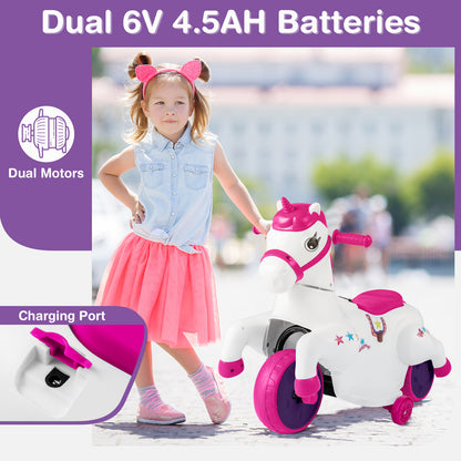 12V Unicorn Ride on Toy with Training Wheels and Horse Riding Mode-Rose Red