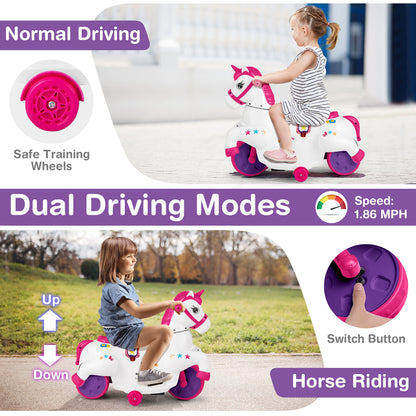 12V Unicorn Ride on Toy with Training Wheels and Horse Riding Mode-Rose Red
