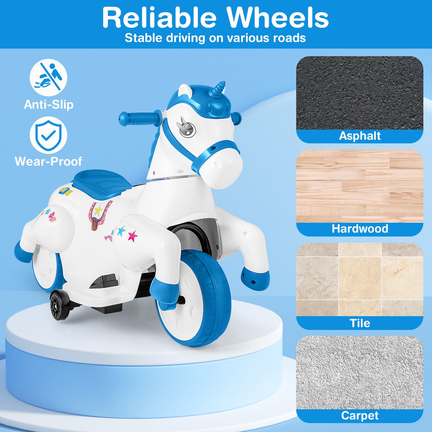 12V Unicorn Ride on Toy with Training Wheels and Horse Riding Mode-Navy