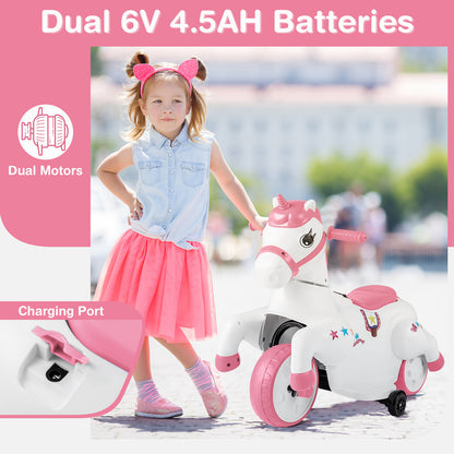 12V Unicorn Ride on Toy with Training Wheels and Horse Riding Mode-Pink