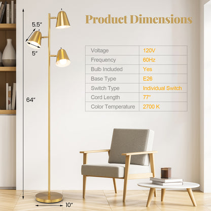64 Inch 3-Light LED Floor Lamp Reading Light for Living Room Bedroom-Golden