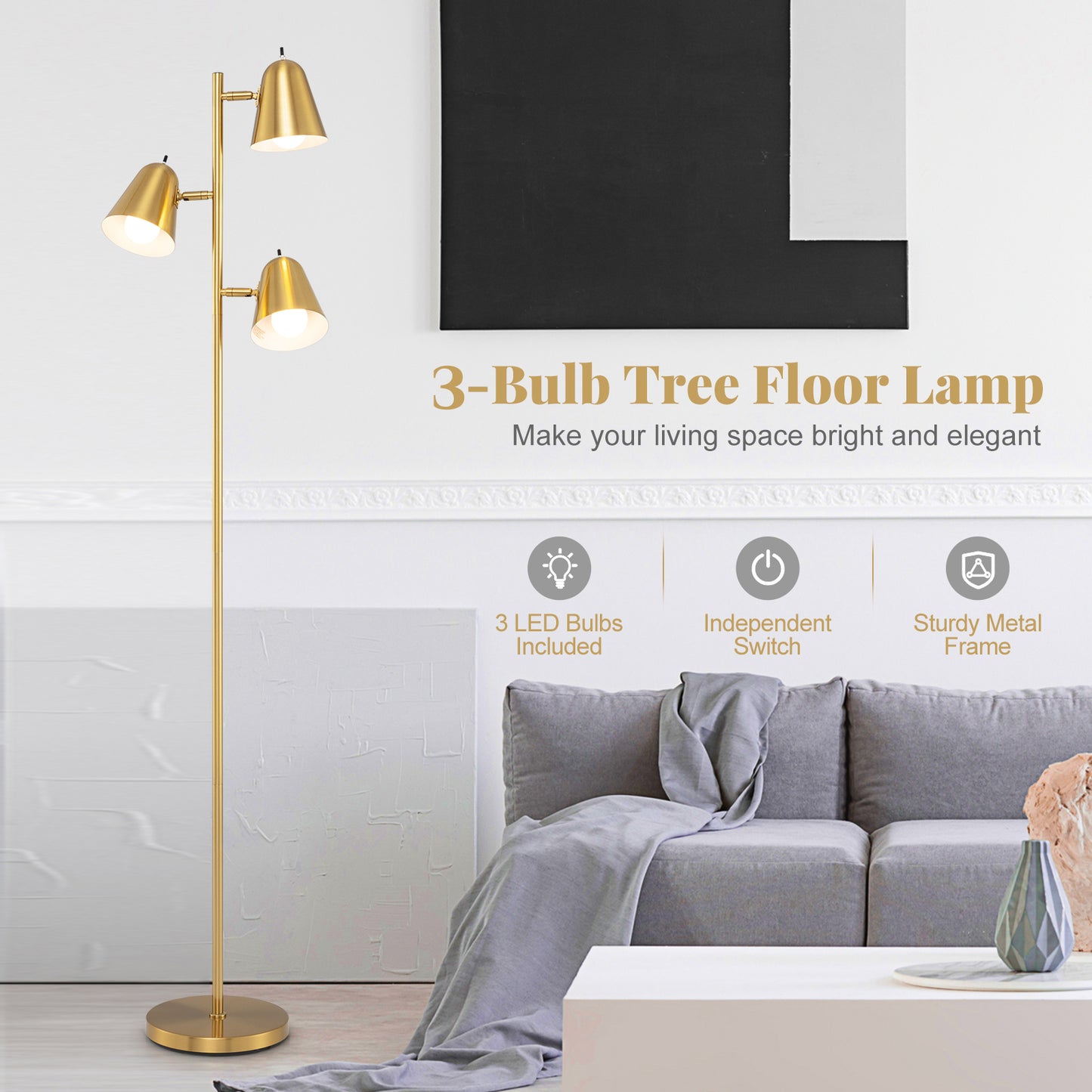 64 Inch 3-Light LED Floor Lamp Reading Light for Living Room Bedroom-Golden Kids Crystal