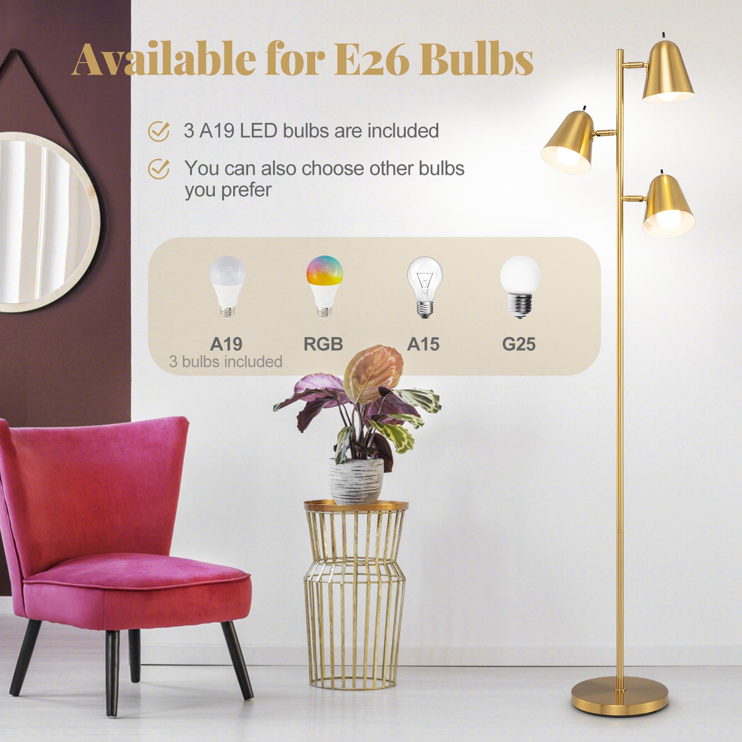 64 Inch 3-Light LED Floor Lamp Reading Light for Living Room Bedroom-Golden Kids Crystal