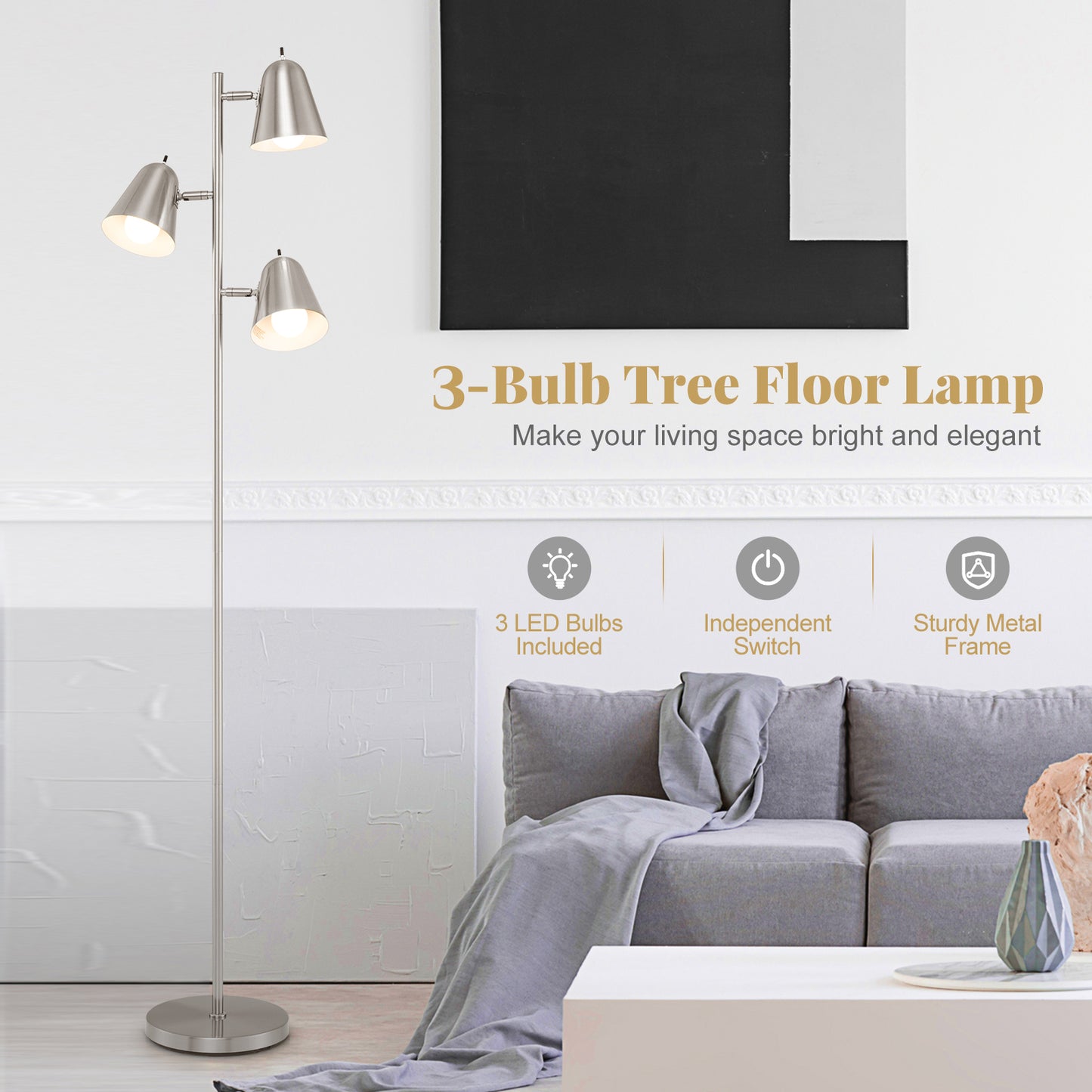 64 Inch 3-Light LED Floor Lamp Reading Light for Living Room Bedroom-Silver Kids Crystal