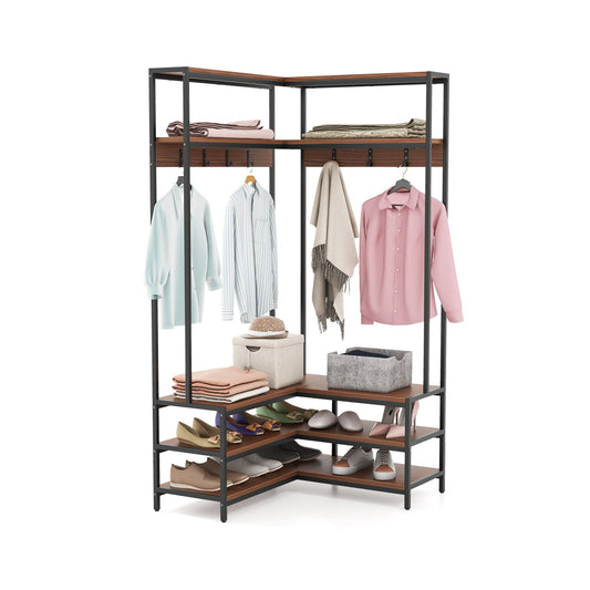 Corner Garment Rack with Open Shelves and 7 Hooks Shoe Bench-Walnut Kids Crystal