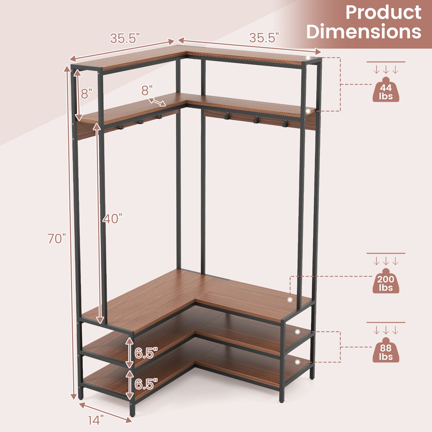 Corner Garment Rack with Open Shelves and 7 Hooks Shoe Bench-Walnut Kids Crystal