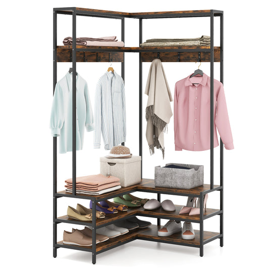 Corner Garment Rack with Open Shelves and 7 Hooks Shoe Bench-Rustic Brown Kids Crystal