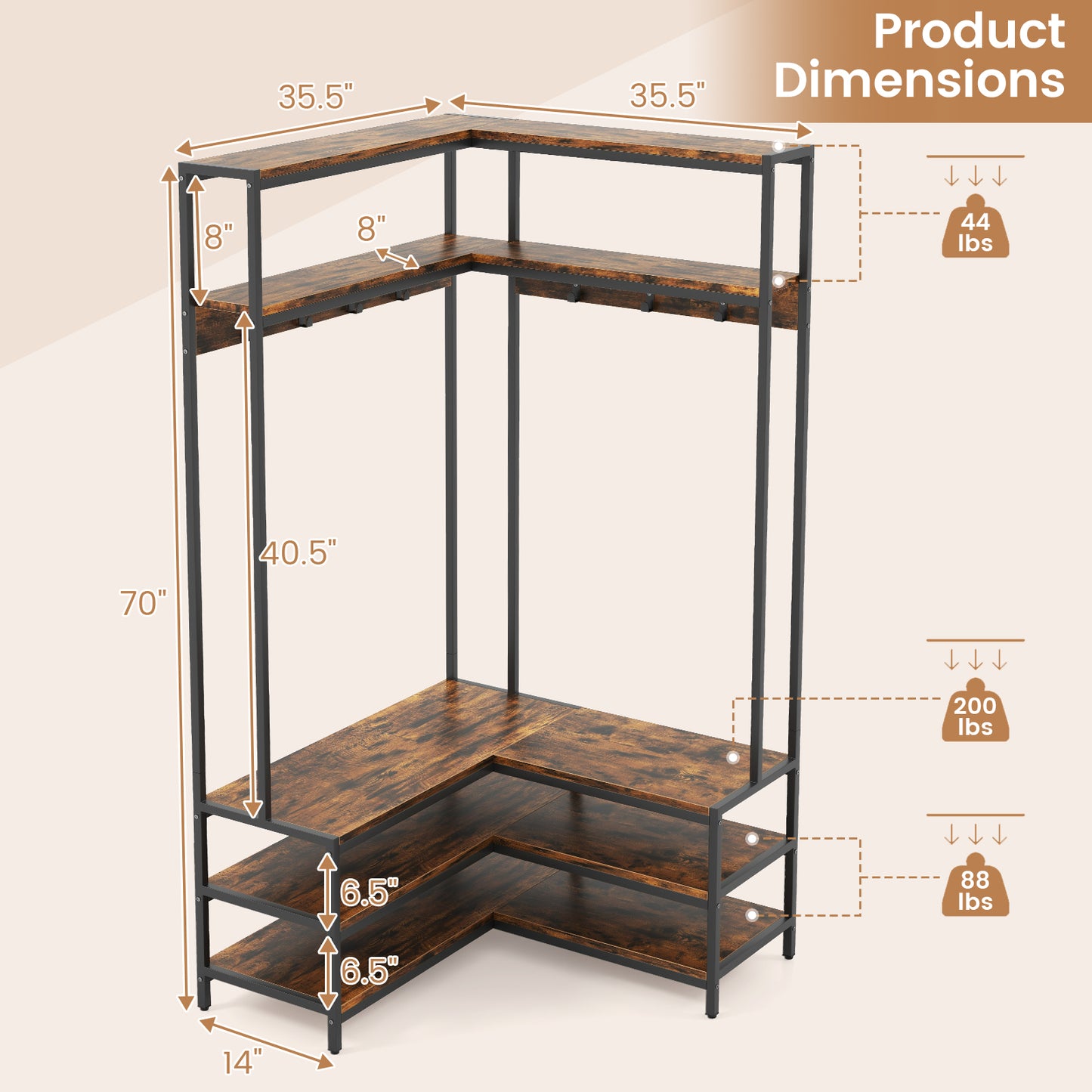 Corner Garment Rack with Open Shelves and 7 Hooks Shoe Bench-Rustic Brown Kids Crystal