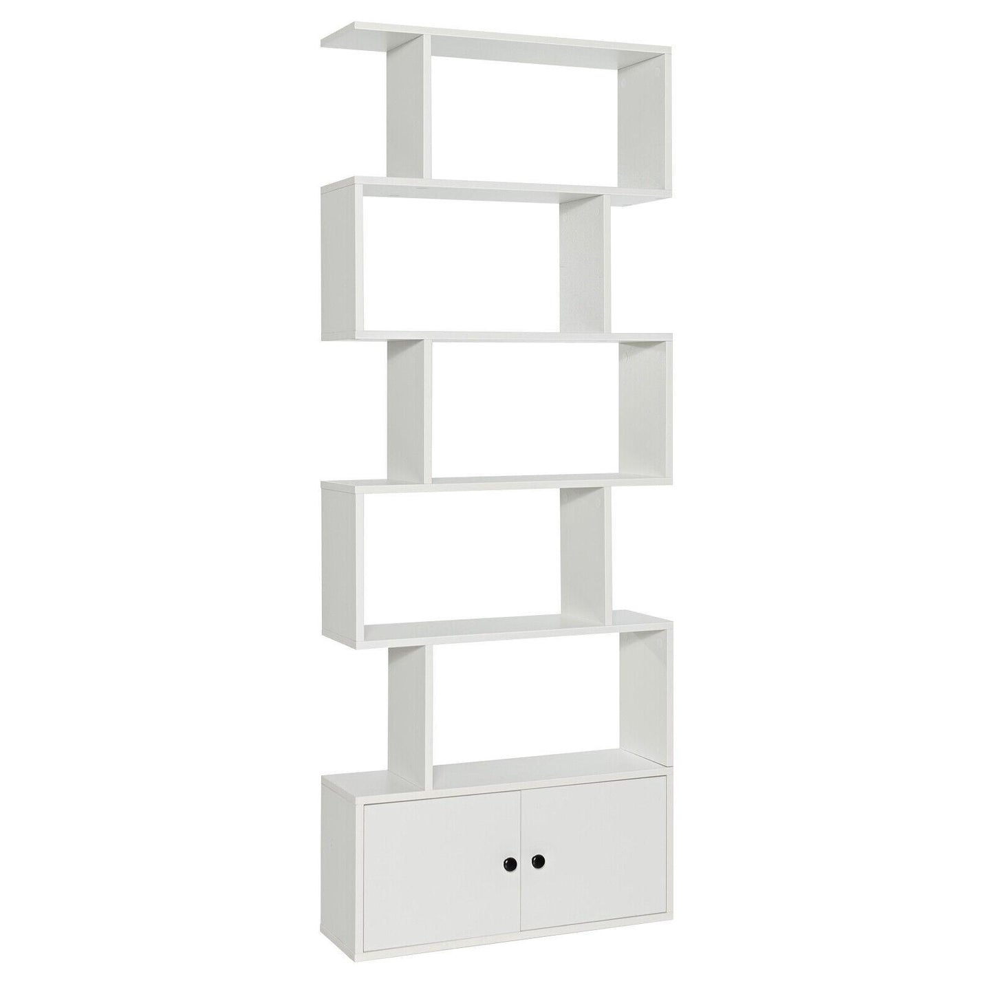 6-Tier S-Shaped Freestanding Bookshelf with Cabinet and Doors-White Kids Crystal