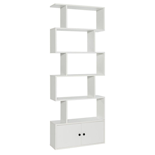 6-Tier S-Shaped Freestanding Bookshelf with Cabinet and Doors-White Kids Crystal