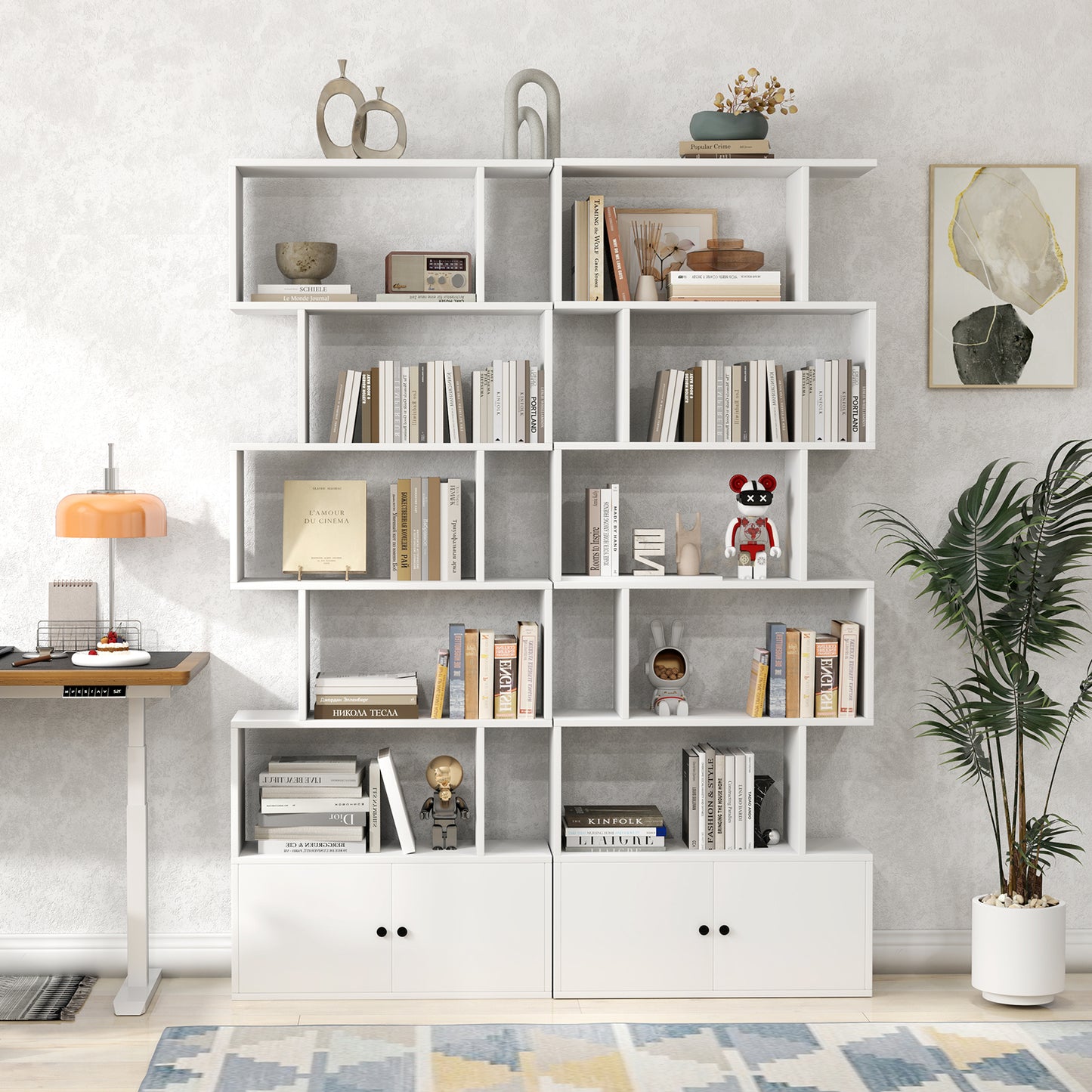 6-Tier S-Shaped Freestanding Bookshelf with Cabinet and Doors-White Kids Crystal