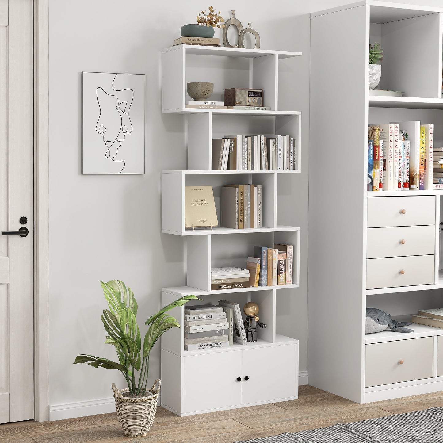 6-Tier S-Shaped Freestanding Bookshelf with Cabinet and Doors-White Kids Crystal