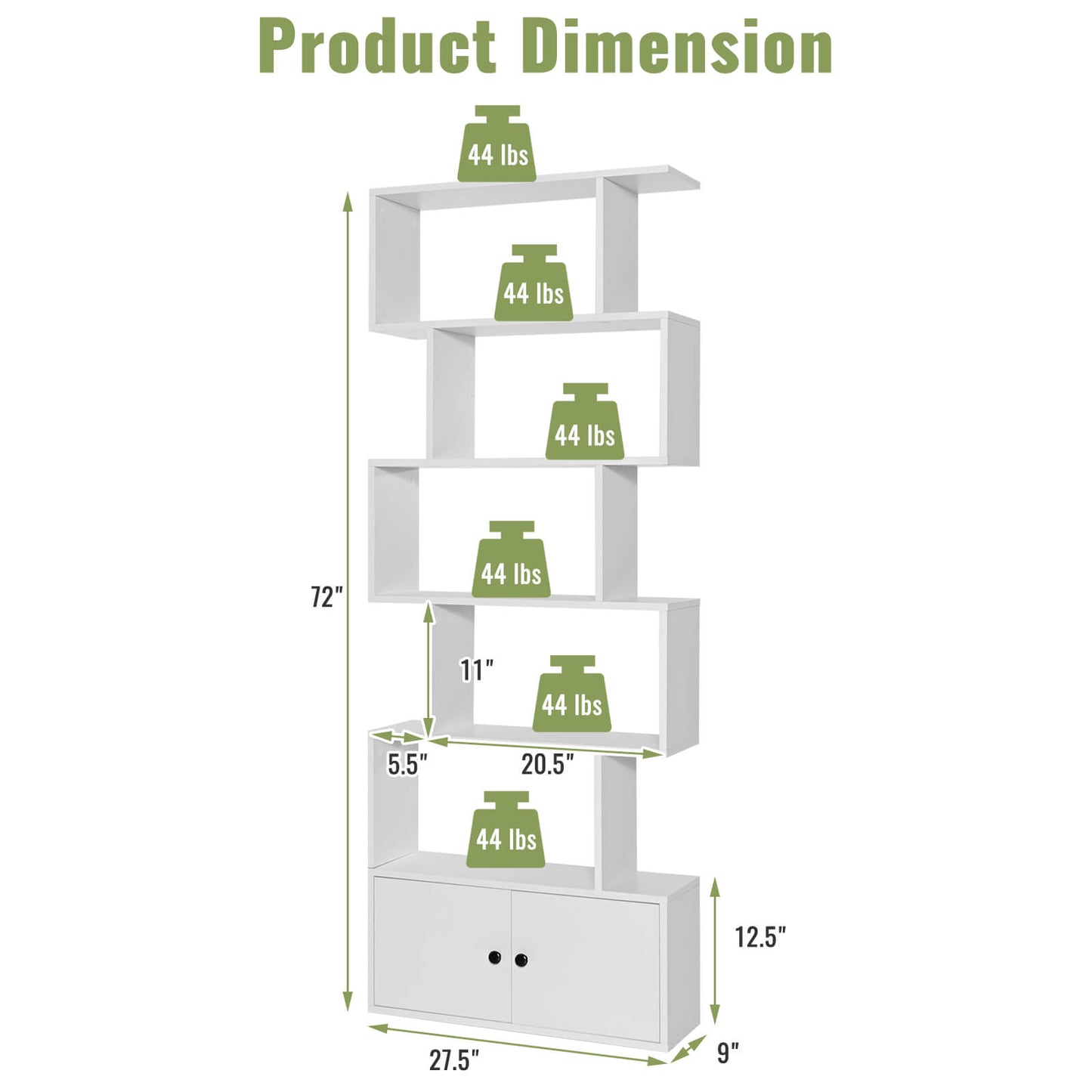 6-Tier S-Shaped Freestanding Bookshelf with Cabinet and Doors-White Kids Crystal