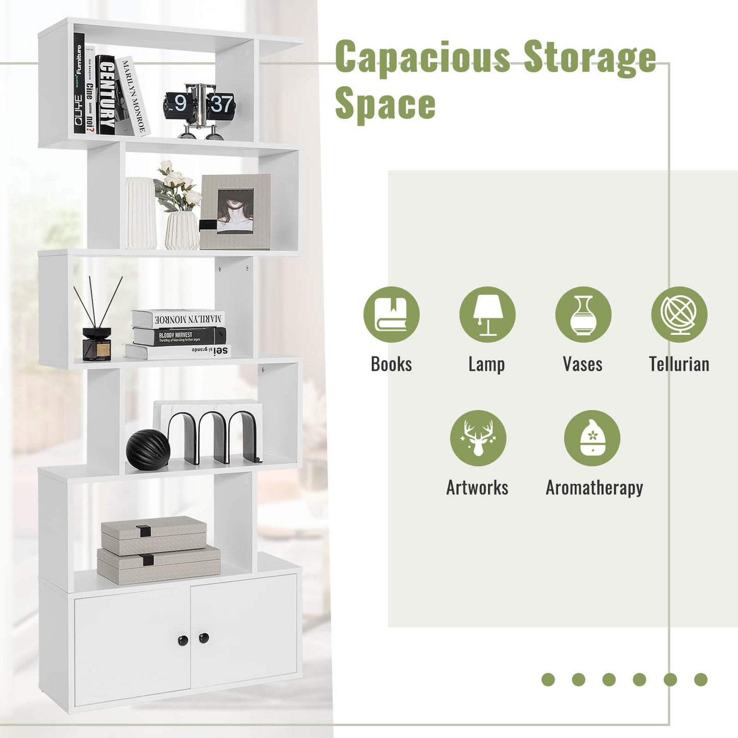 6-Tier S-Shaped Freestanding Bookshelf with Cabinet and Doors-White Kids Crystal