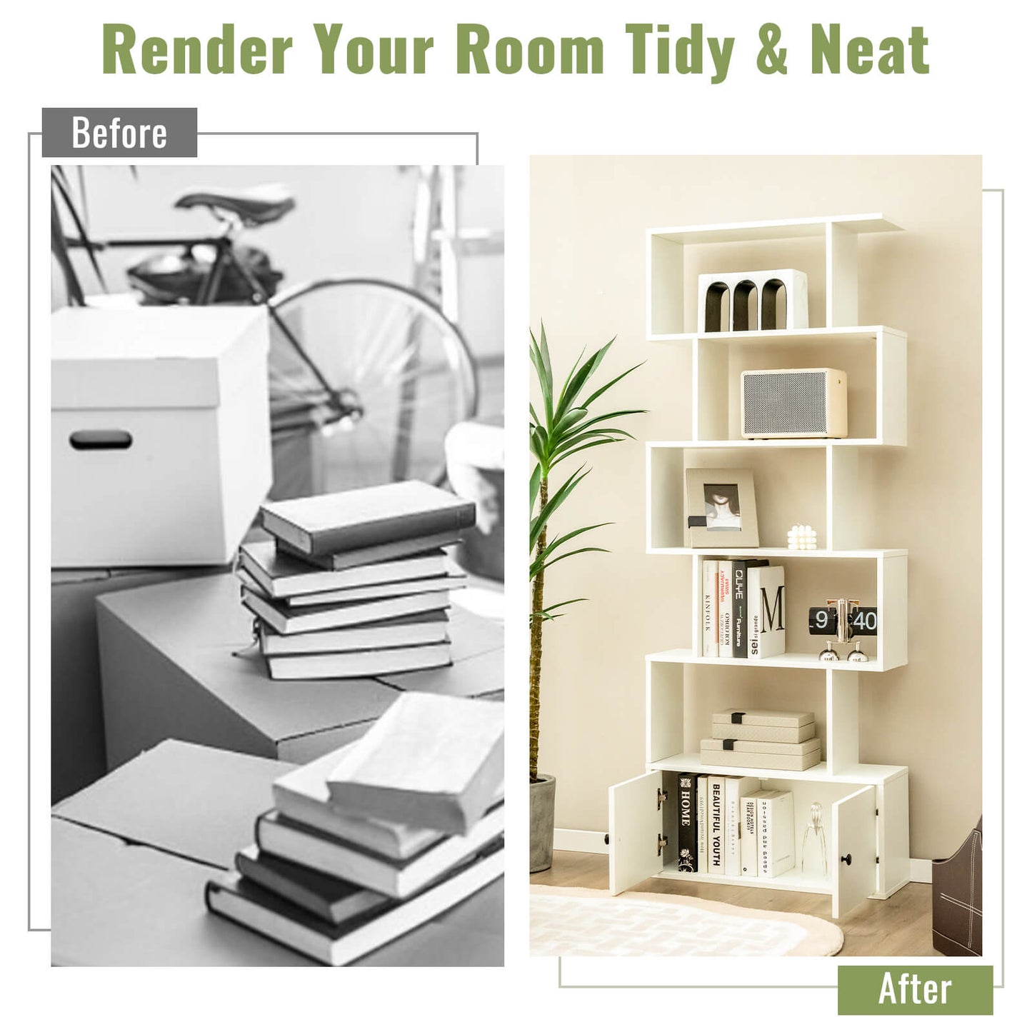 6-Tier S-Shaped Freestanding Bookshelf with Cabinet and Doors-White Kids Crystal