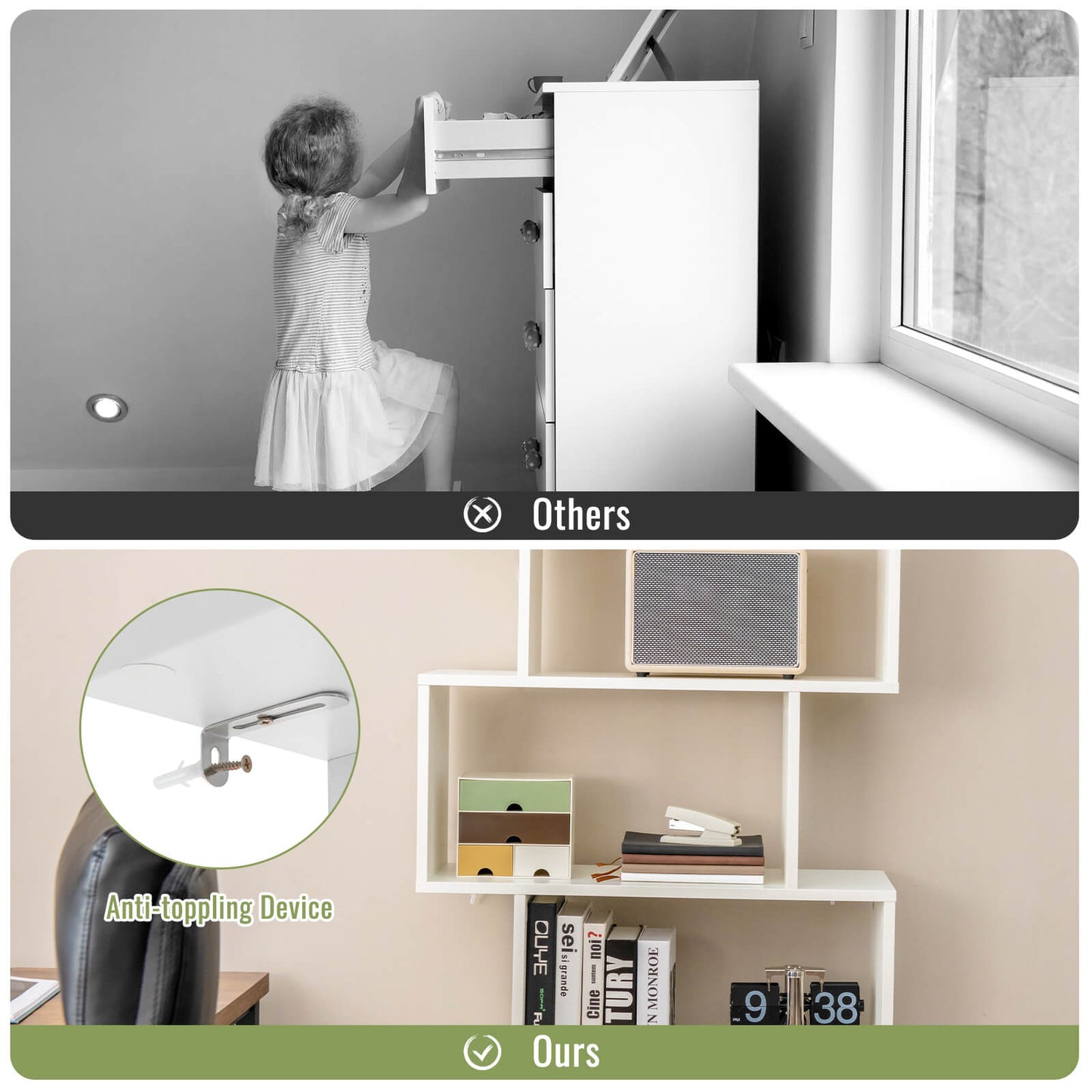 6-Tier S-Shaped Freestanding Bookshelf with Cabinet and Doors-White Kids Crystal