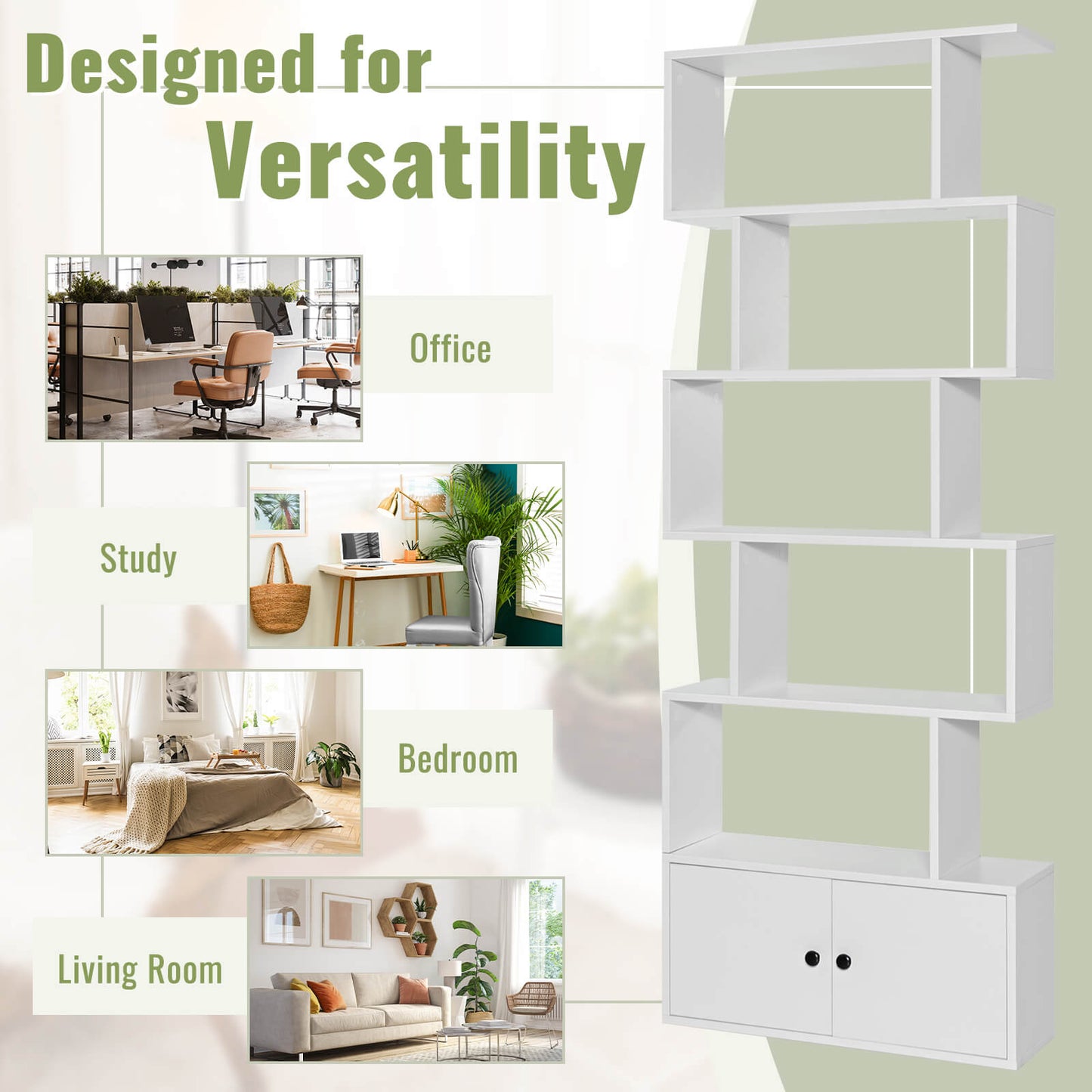 6-Tier S-Shaped Freestanding Bookshelf with Cabinet and Doors-White Kids Crystal