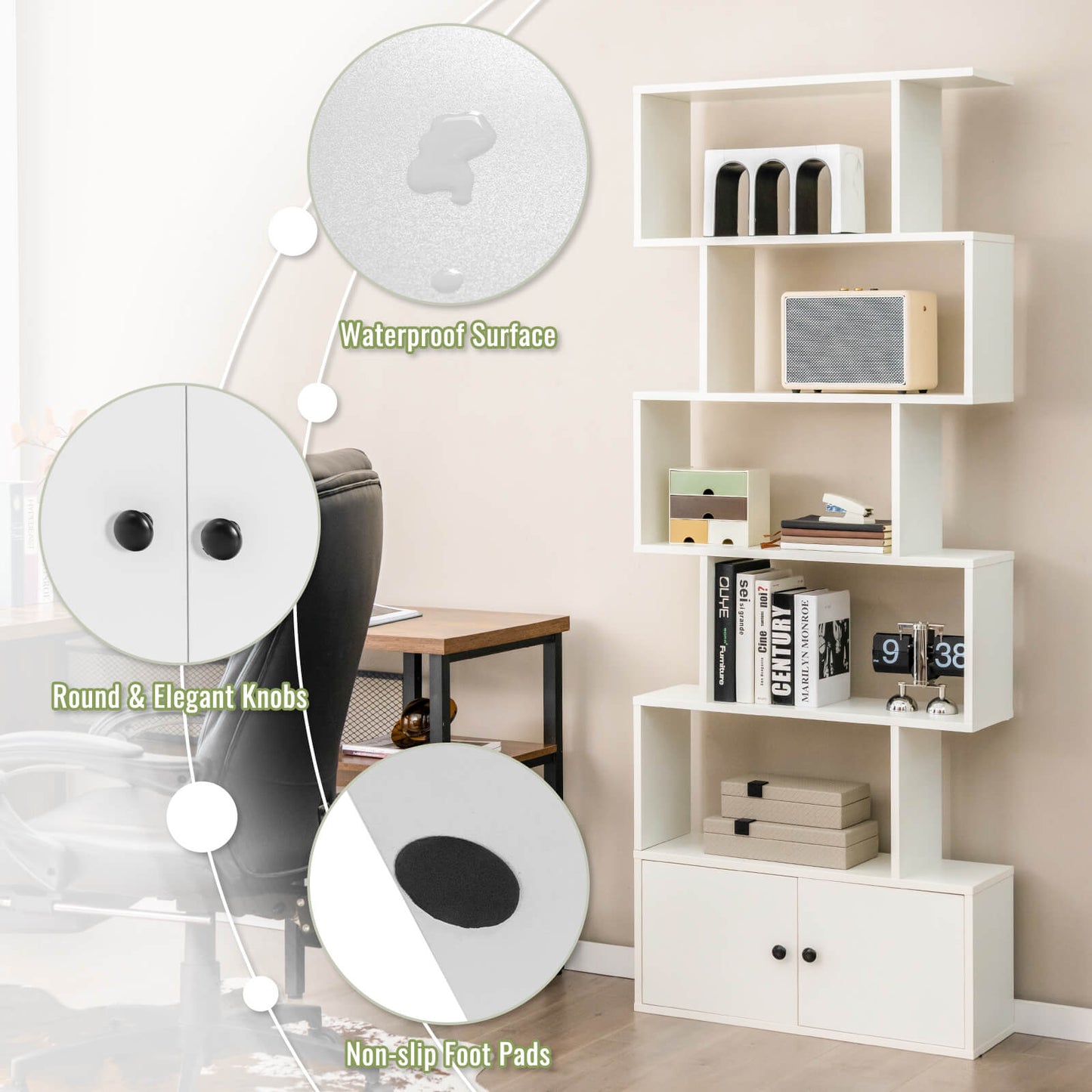 6-Tier S-Shaped Freestanding Bookshelf with Cabinet and Doors-White Kids Crystal