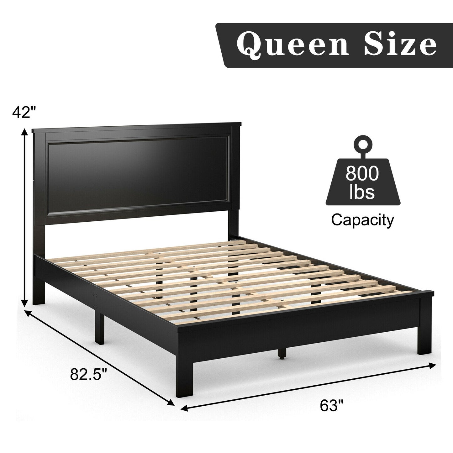 Queen Size Bed Frame Platform Slat High Headboard Bedroom with Rubber Wood Leg-Black Kids Crystal