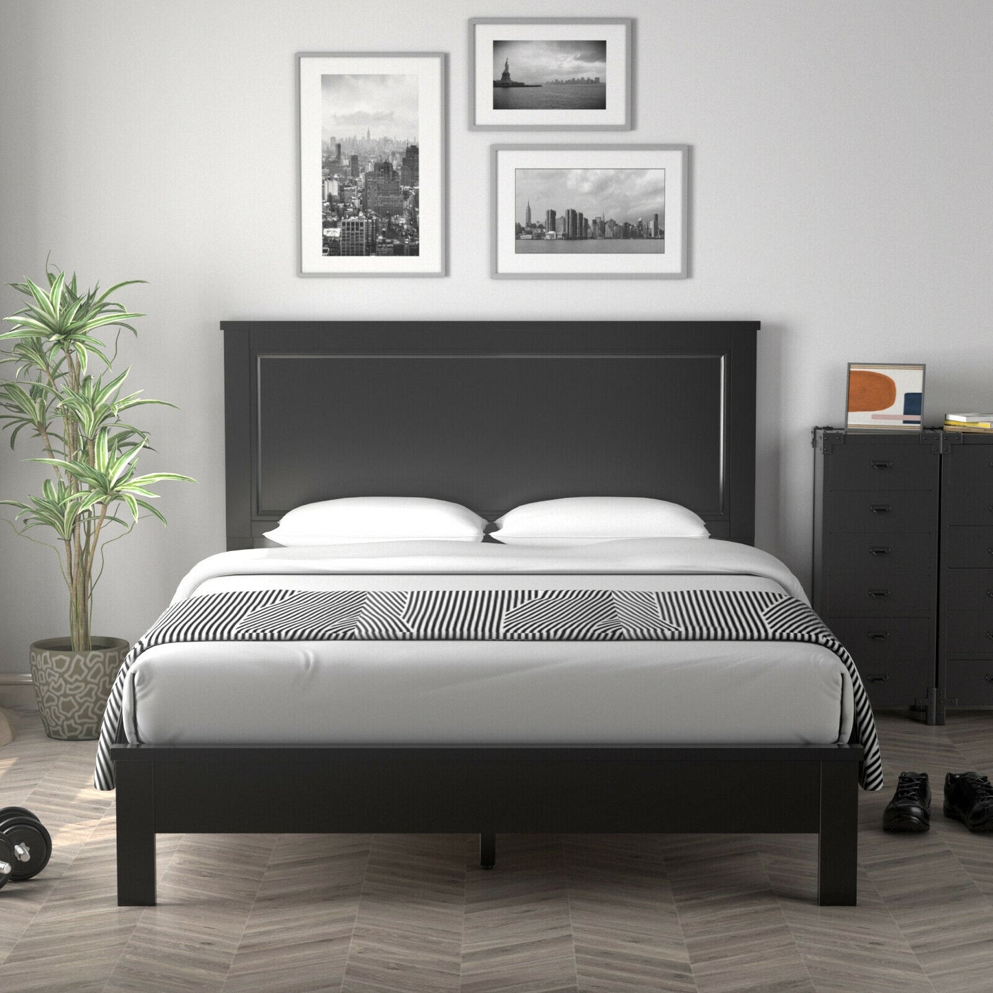 Queen Size Bed Frame Platform Slat High Headboard Bedroom with Rubber Wood Leg-Black Kids Crystal