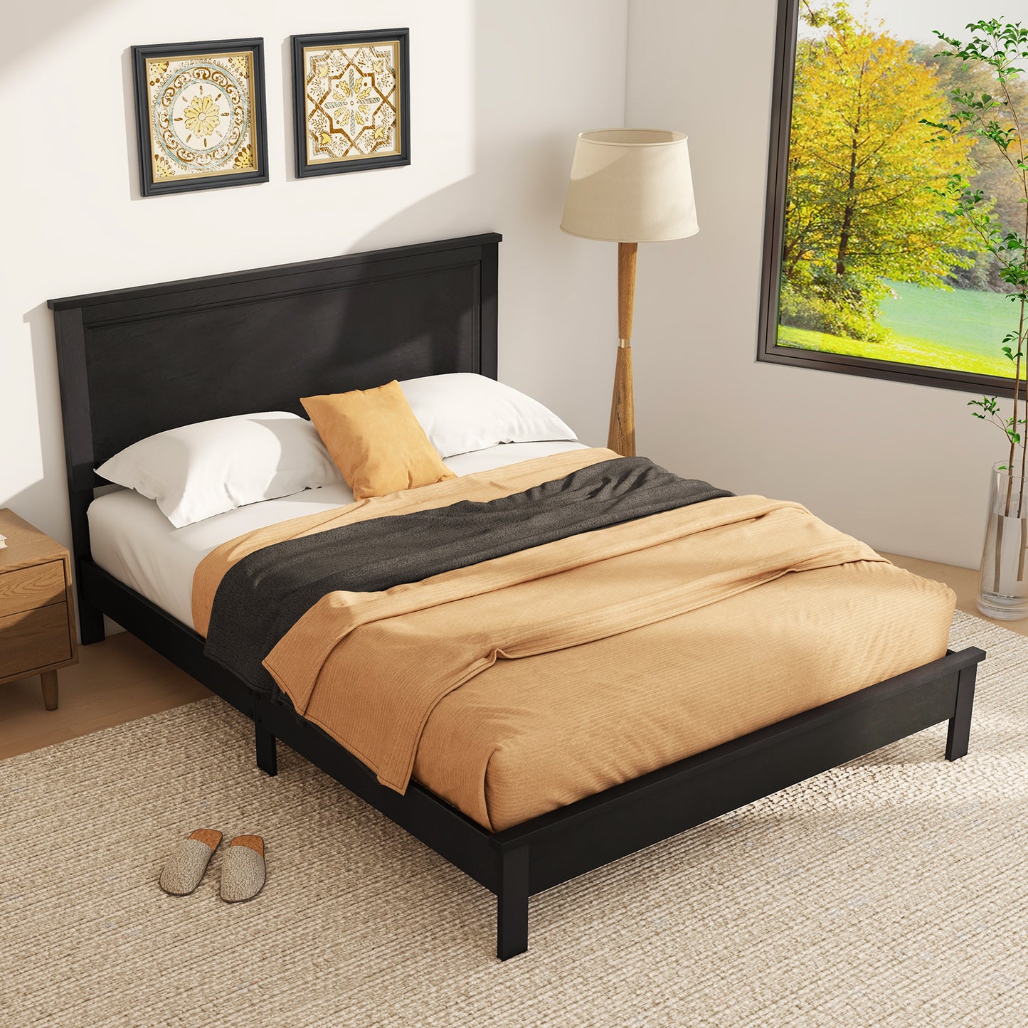 Queen Size Bed Frame Platform Slat High Headboard Bedroom with Rubber Wood Leg-Black Kids Crystal