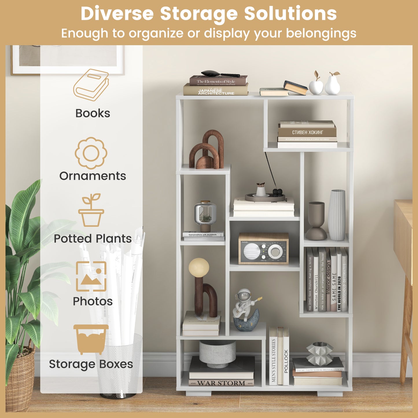 47-Inch Tall Bookshelf for Home Office Living Room-White Kids Crystal