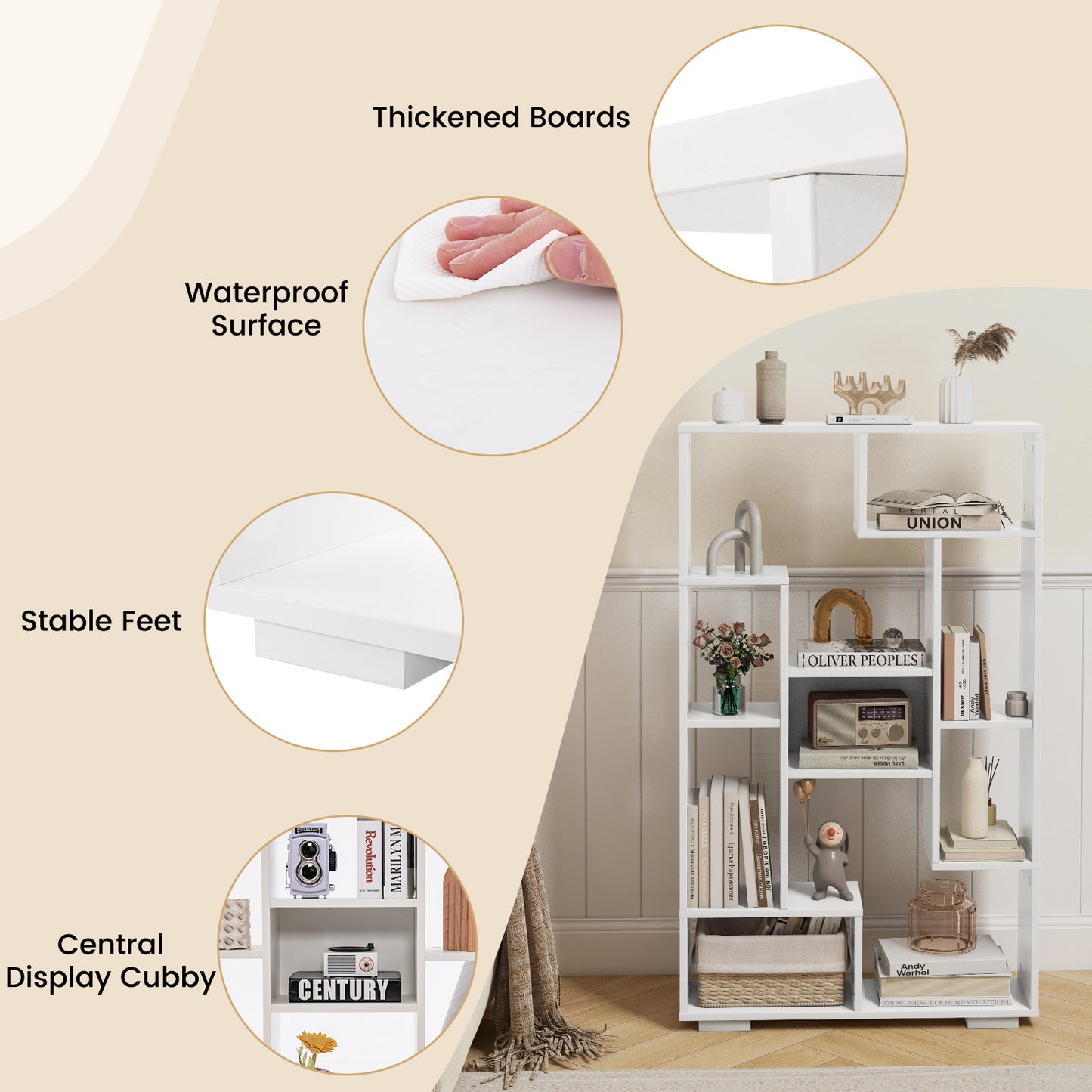 47-Inch Tall Bookshelf for Home Office Living Room-White Kids Crystal