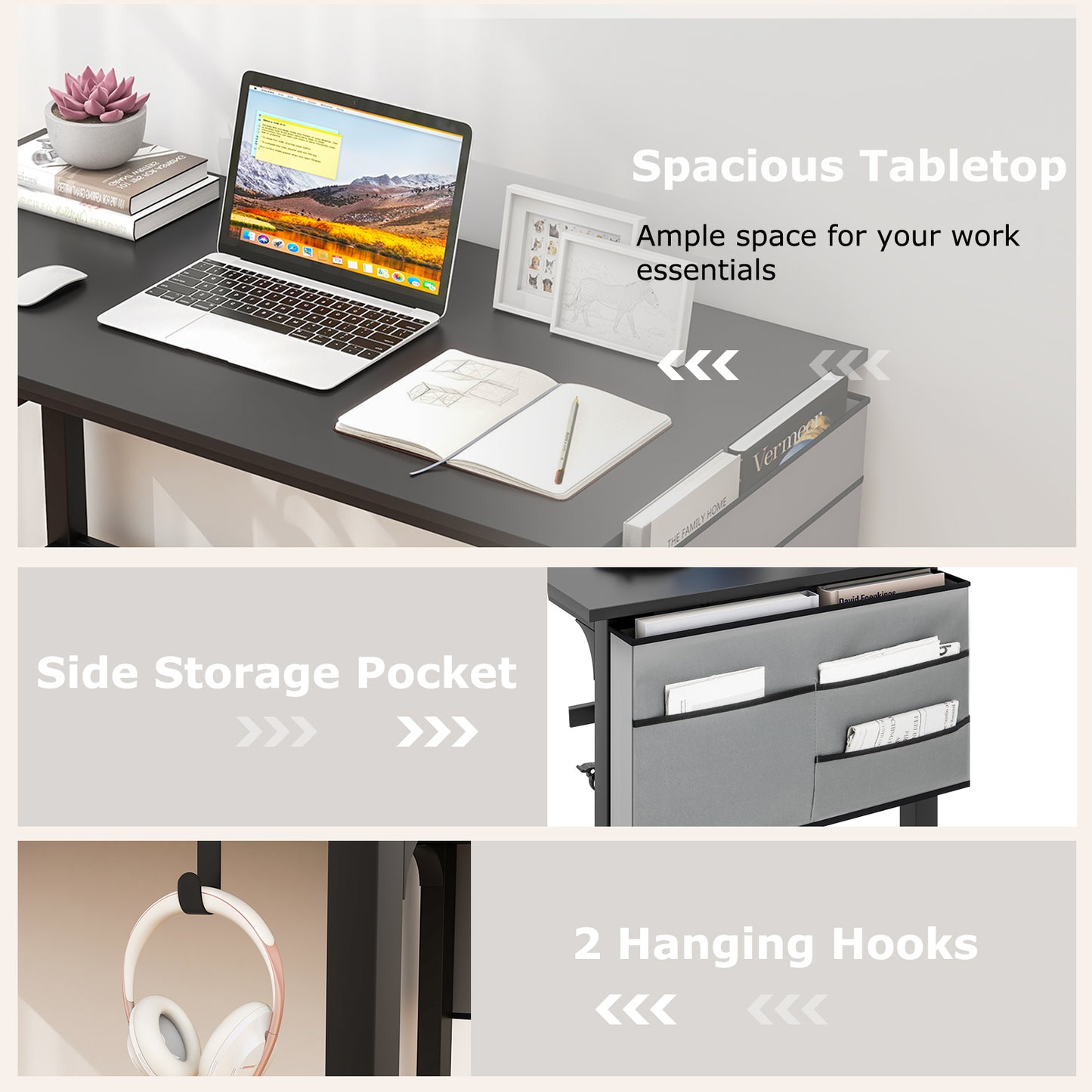 48 Inch Mobile Computer Workstation with 4 Smooth Casters-Black Kids Crystal