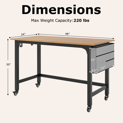 48 Inch Rolling Computer Desk with Heavy-duty Metal Frame for Home and Office-Natural