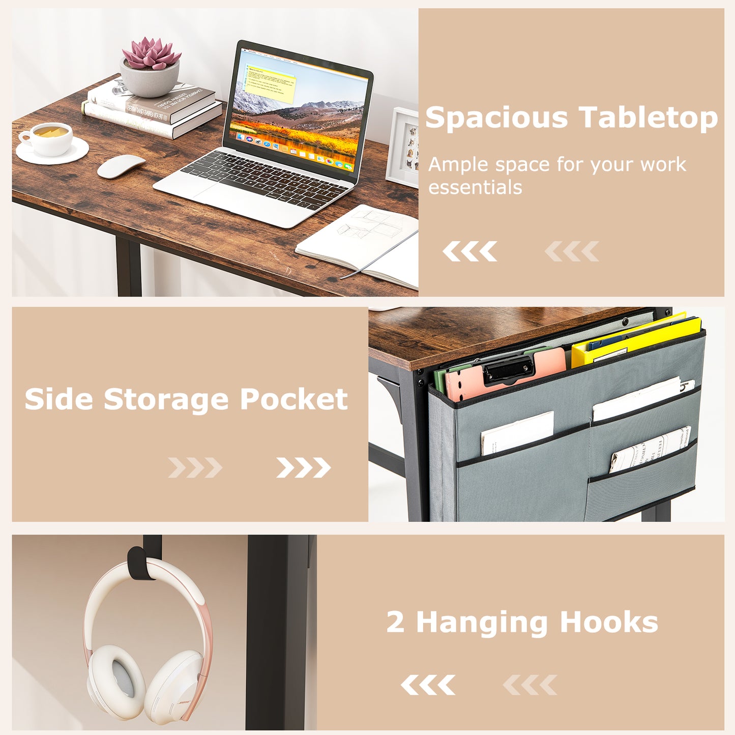 Rolling Home Office Computer Desk with Detachable Fabric Bag-Rustic Brown Kids Crystal