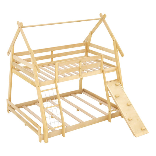Twin Over Queen Bunk Bed Wooden Kids Bed with Climbing Nets and Ramp-Natural Kids Crystal