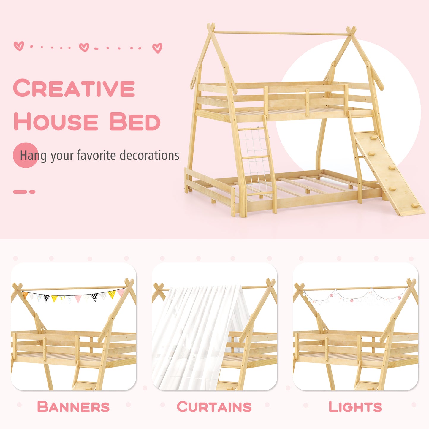 Twin Over Queen Bunk Bed Wooden Kids Bed with Climbing Nets and Ramp-Natural Kids Crystal