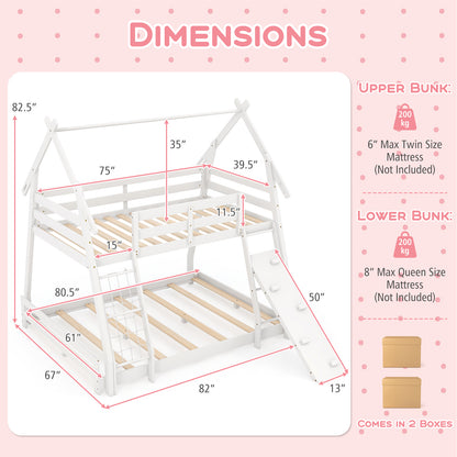Twin Over Queen Bunk Bed Wooden Kids Bed with Climbing Nets and Ramp-White