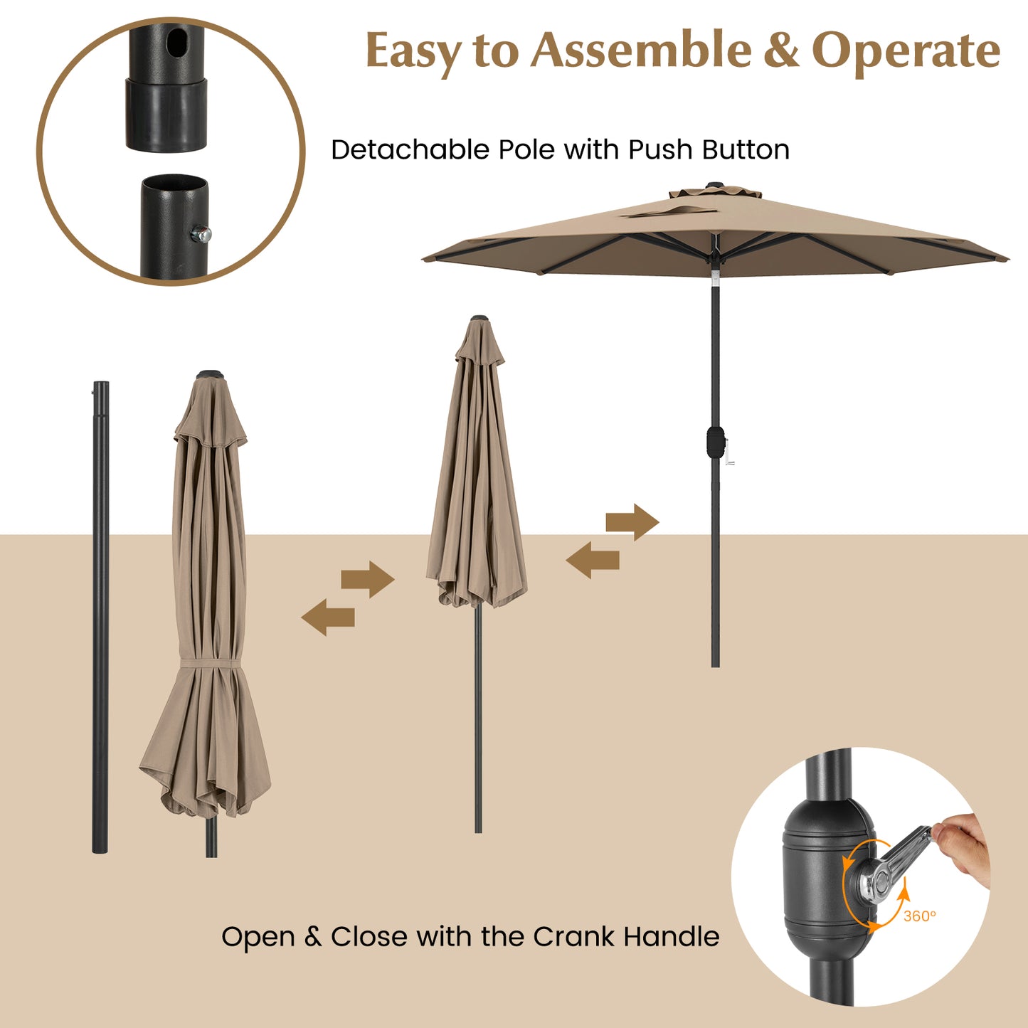9 ft Outdoor Market Patio Table Umbrella Push Button Tilt Crank Lift-Tan Kids Crystal
