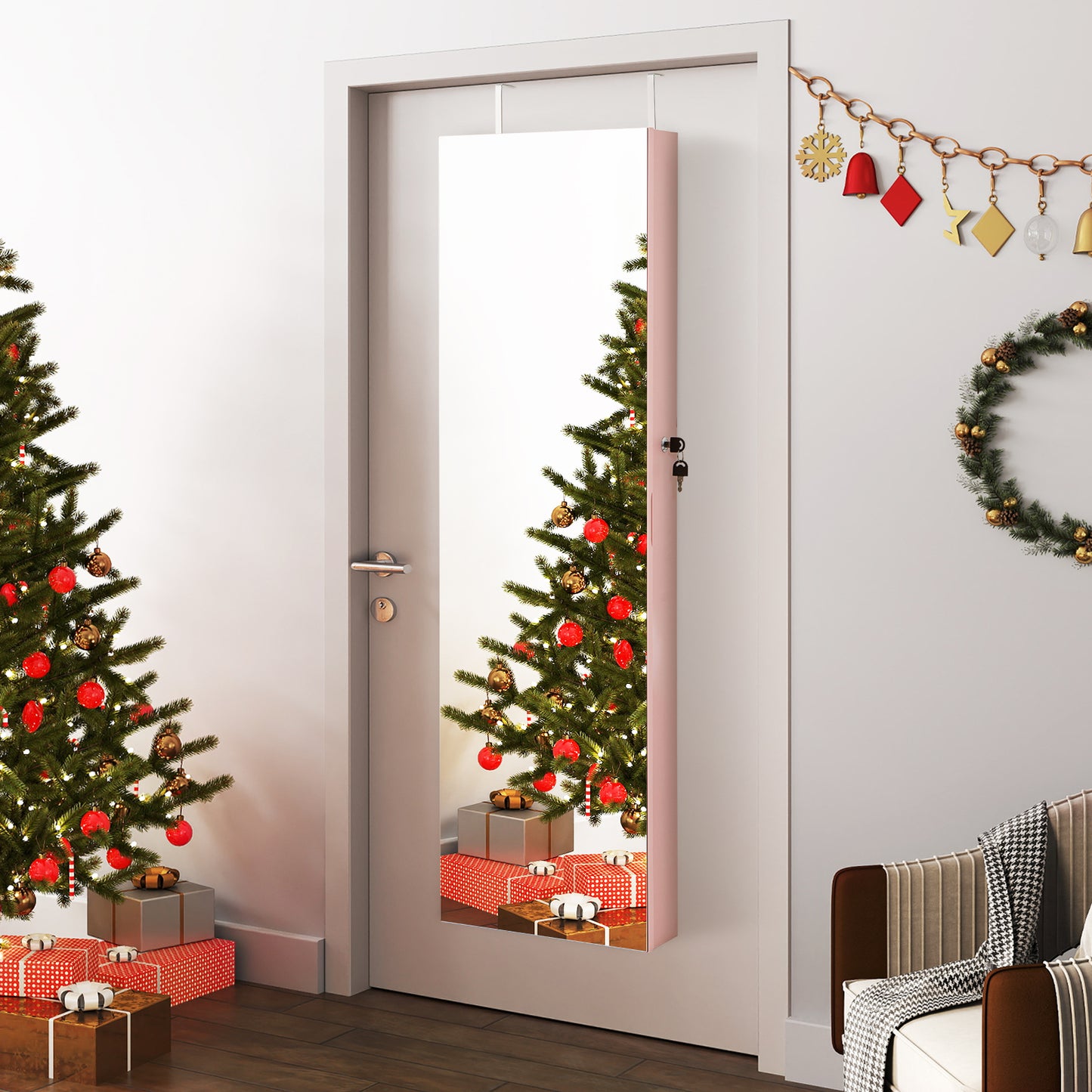 Wall and Door Mounted Mirrored Jewelry Cabinet with Lights-Pink Kids Crystal