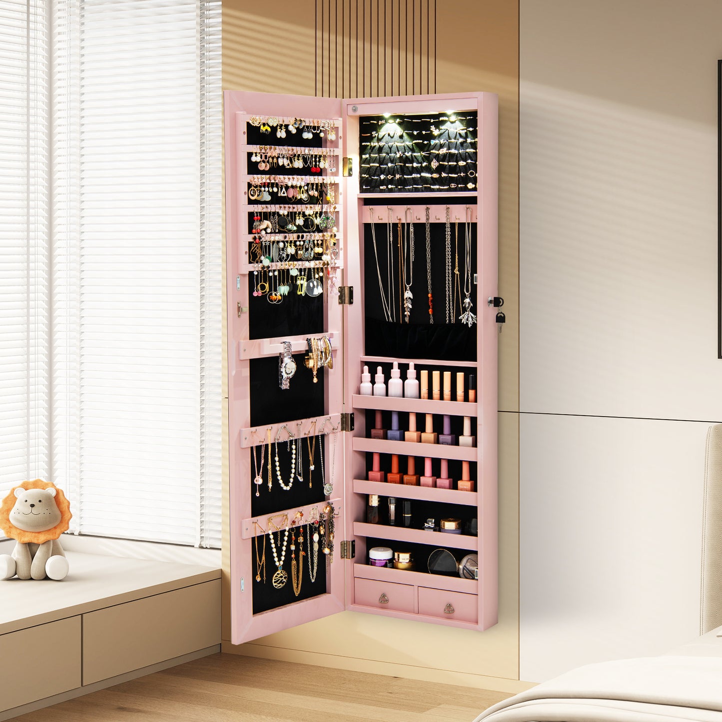 Wall and Door Mounted Mirrored Jewelry Cabinet with Lights-Pink Kids Crystal