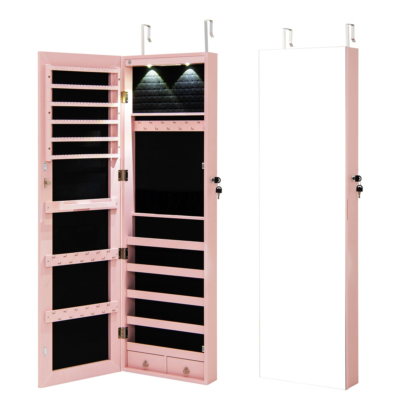Wall and Door Mounted Mirrored Jewelry Cabinet with Lights-Pink Kids Crystal