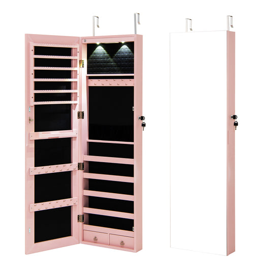 Wall and Door Mounted Mirrored Jewelry Cabinet with Lights-Pink Kids Crystal