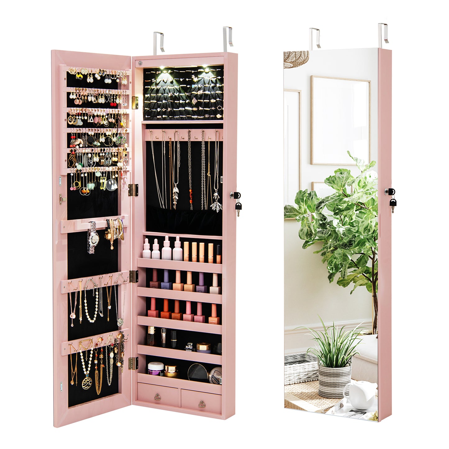 Wall and Door Mounted Mirrored Jewelry Cabinet with Lights-Pink Kids Crystal
