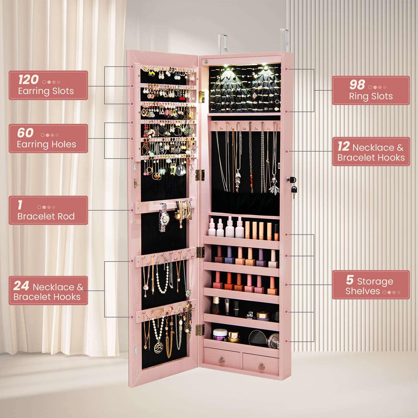 Wall and Door Mounted Mirrored Jewelry Cabinet with Lights-Pink Kids Crystal
