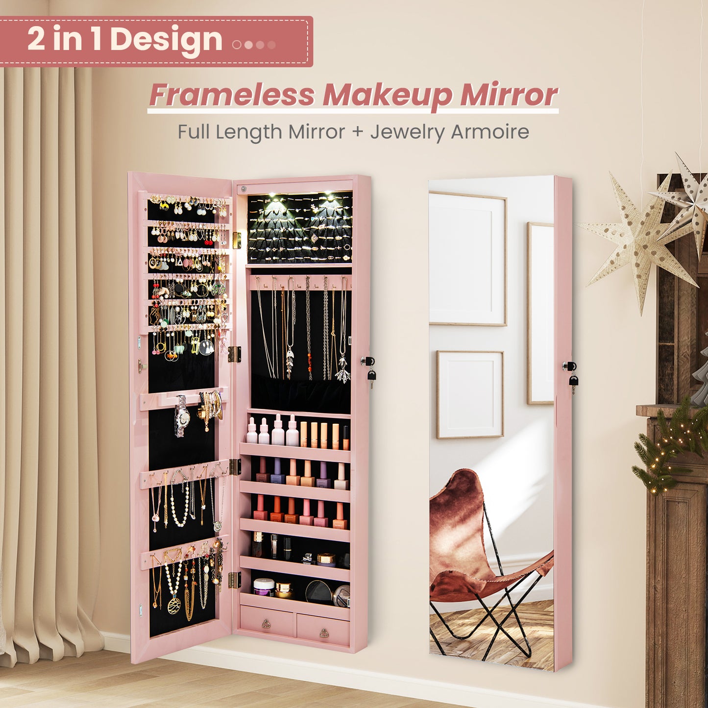 Wall and Door Mounted Mirrored Jewelry Cabinet with Lights-Pink Kids Crystal