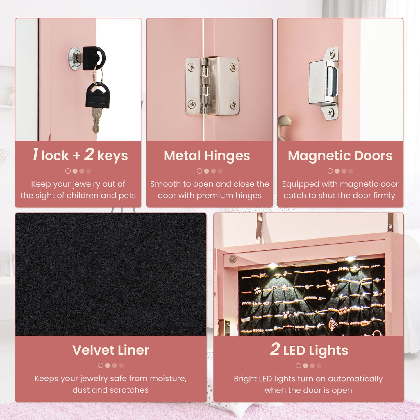 Wall and Door Mounted Mirrored Jewelry Cabinet with Lights-Pink Kids Crystal