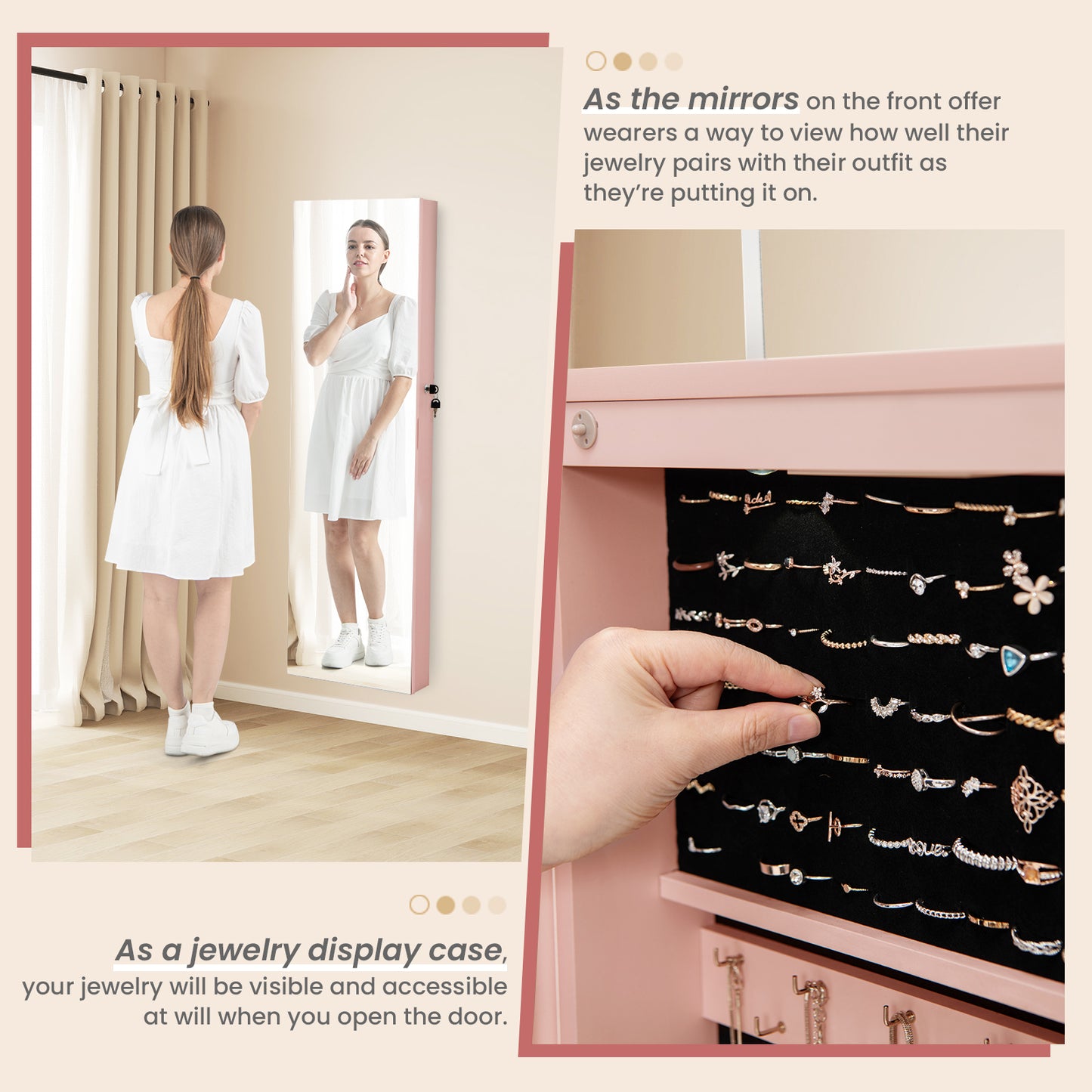 Wall and Door Mounted Mirrored Jewelry Cabinet with Lights-Pink Kids Crystal
