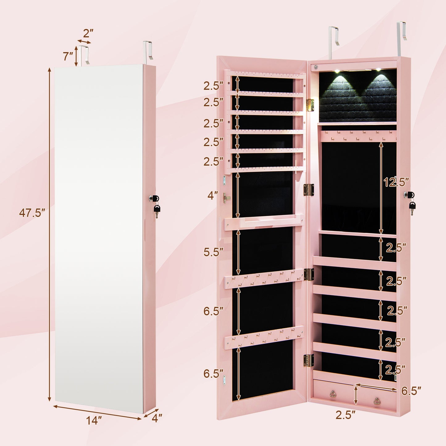 Wall and Door Mounted Mirrored Jewelry Cabinet with Lights-Pink Kids Crystal